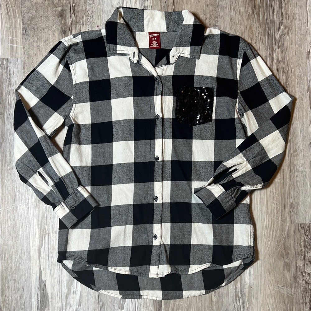 Arizona Black & White Plaid shirt w/Sequin Pocket GIRLS 16 (FITS LIKE JUNIORS S)